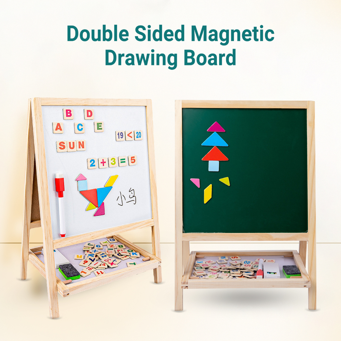 Duotronix 2 in 1 Wooden Easel Standing Writing Board for Kids, Double Sided Whiteboard, Dust Free Chalkboard | Educational Toy (with Marker,Duster,Magnetic Alphabets)