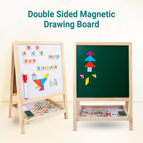 Duotronix 2 in 1 Wooden Easel Standing Writing Board for Kids, Double Sided Whiteboard, Dust Free Chalkboard | Educational Toy (with Marker,Duster,Magnetic Alphabets)
