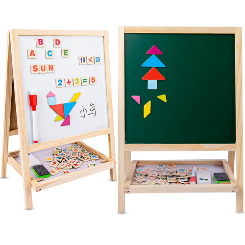 Duotronix 2 in 1 Wooden Easel Standing Writing Board for Kids, Double Sided Whiteboard, Dust Free Chalkboard | Educational Toy (with Marker,Duster,Magnetic Alphabets)