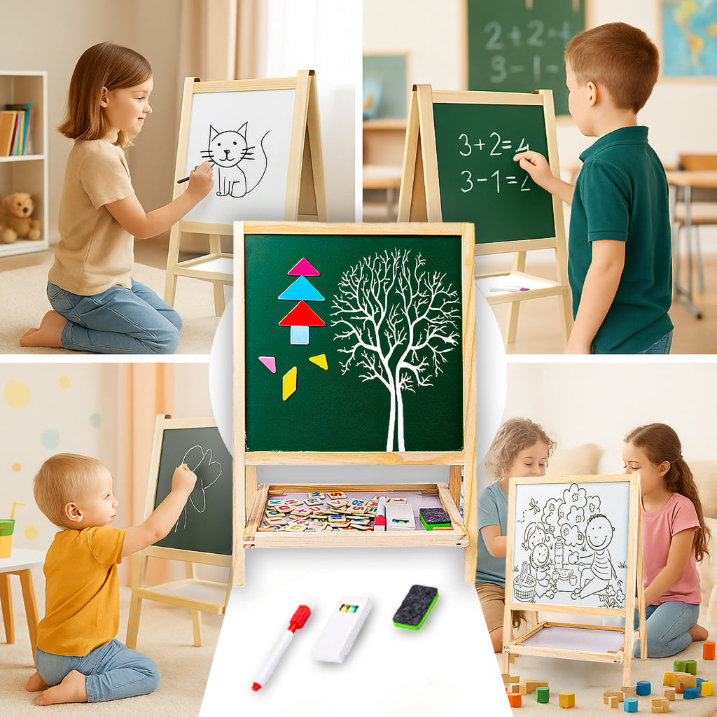 Duotronix 2 in 1 Wooden Easel Standing Writing Board for Kids, Double Sided Whiteboard, Dust Free Chalkboard | Educational Toy (with Marker,Duster,Magnetic Alphabets)
