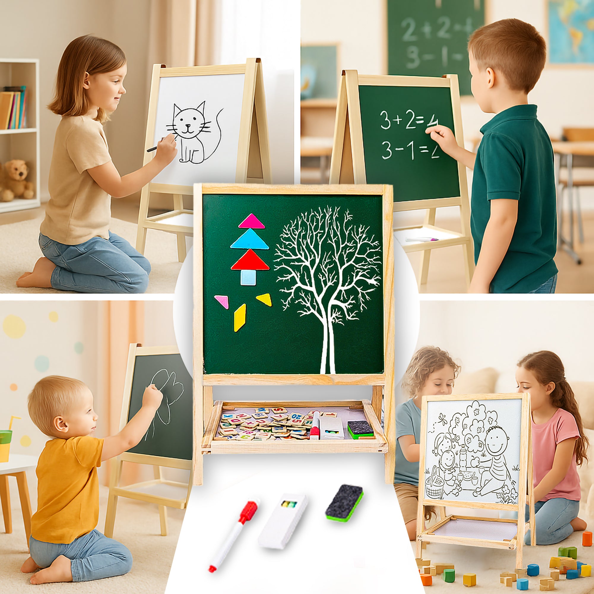Duotronix 2 in 1 Wooden Easel Standing Writing Board for Kids, Double Sided Whiteboard, Dust Free Chalkboard | Educational Toy (with Marker,Duster,Magnetic Alphabets)