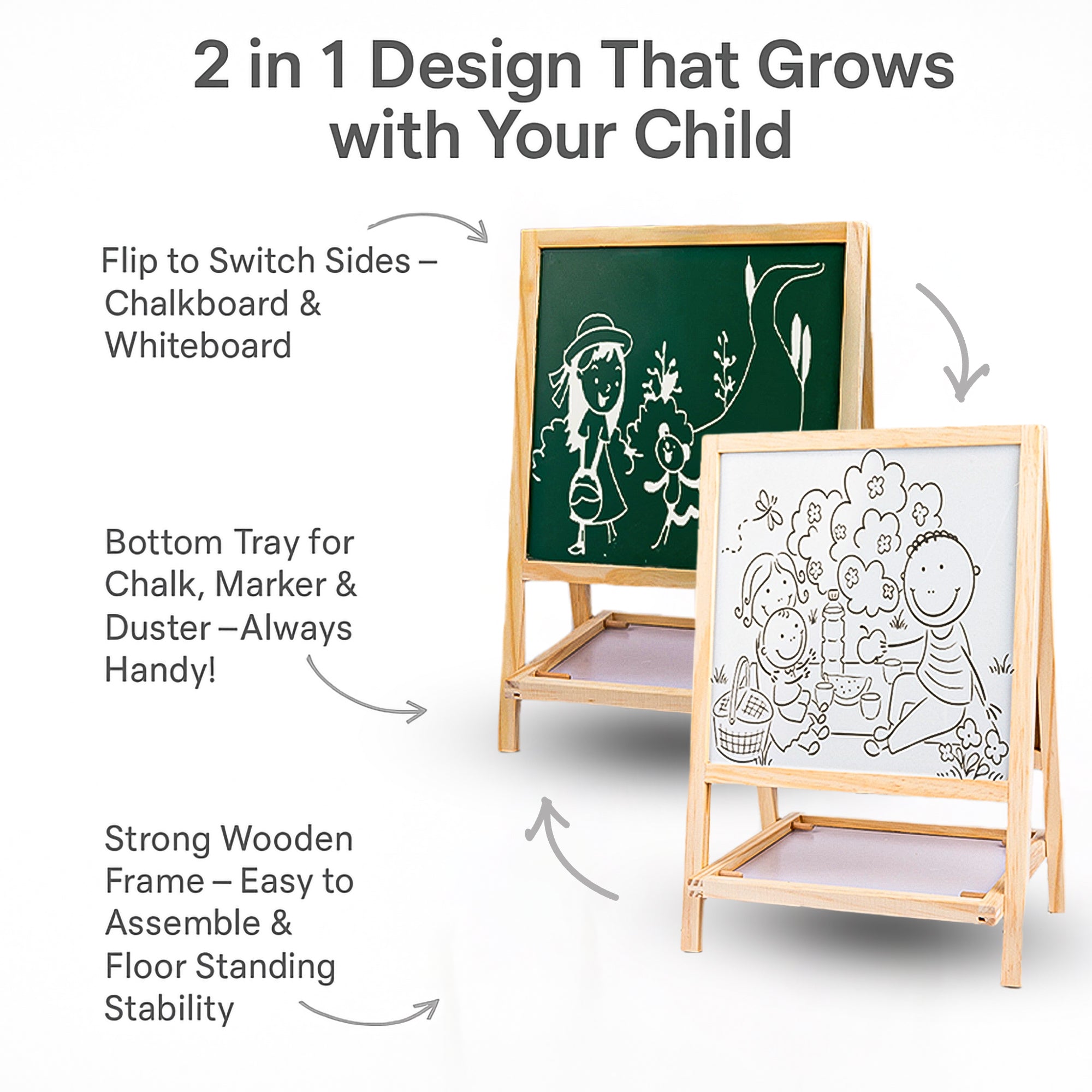 Duotronix 2 in 1 Wooden Easel Standing Writing Board for Kids, Double Sided Whiteboard, Dust Free Chalkboard | Educational Toy (with Marker,Duster,Magnetic Alphabets)
