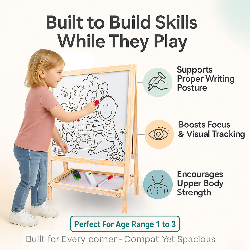 Duotronix 2 in 1 Wooden Easel Standing Writing Board for Kids, Double Sided Whiteboard, Dust Free Chalkboard | Educational Toy (with Marker,Duster,Magnetic Alphabets)