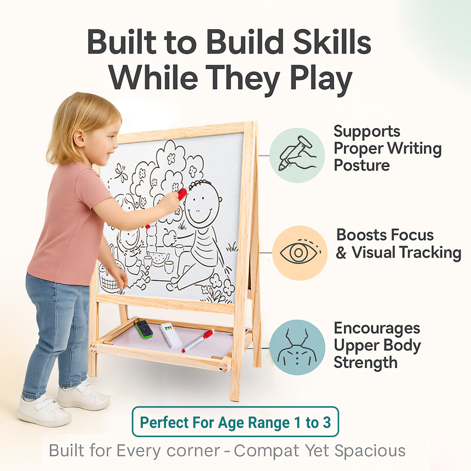Duotronix 2 in 1 Wooden Easel Standing Writing Board for Kids, Double Sided Whiteboard, Dust Free Chalkboard | Educational Toy (with Marker,Duster,Magnetic Alphabets)