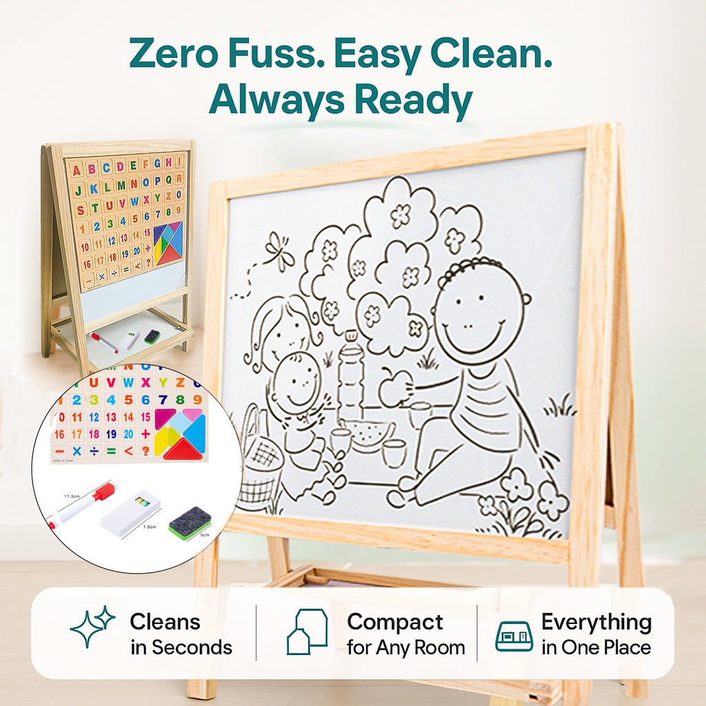 Duotronix 2 in 1 Wooden Easel Standing Writing Board for Kids, Double Sided Whiteboard, Dust Free Chalkboard | Educational Toy (with Marker,Duster,Magnetic Alphabets)