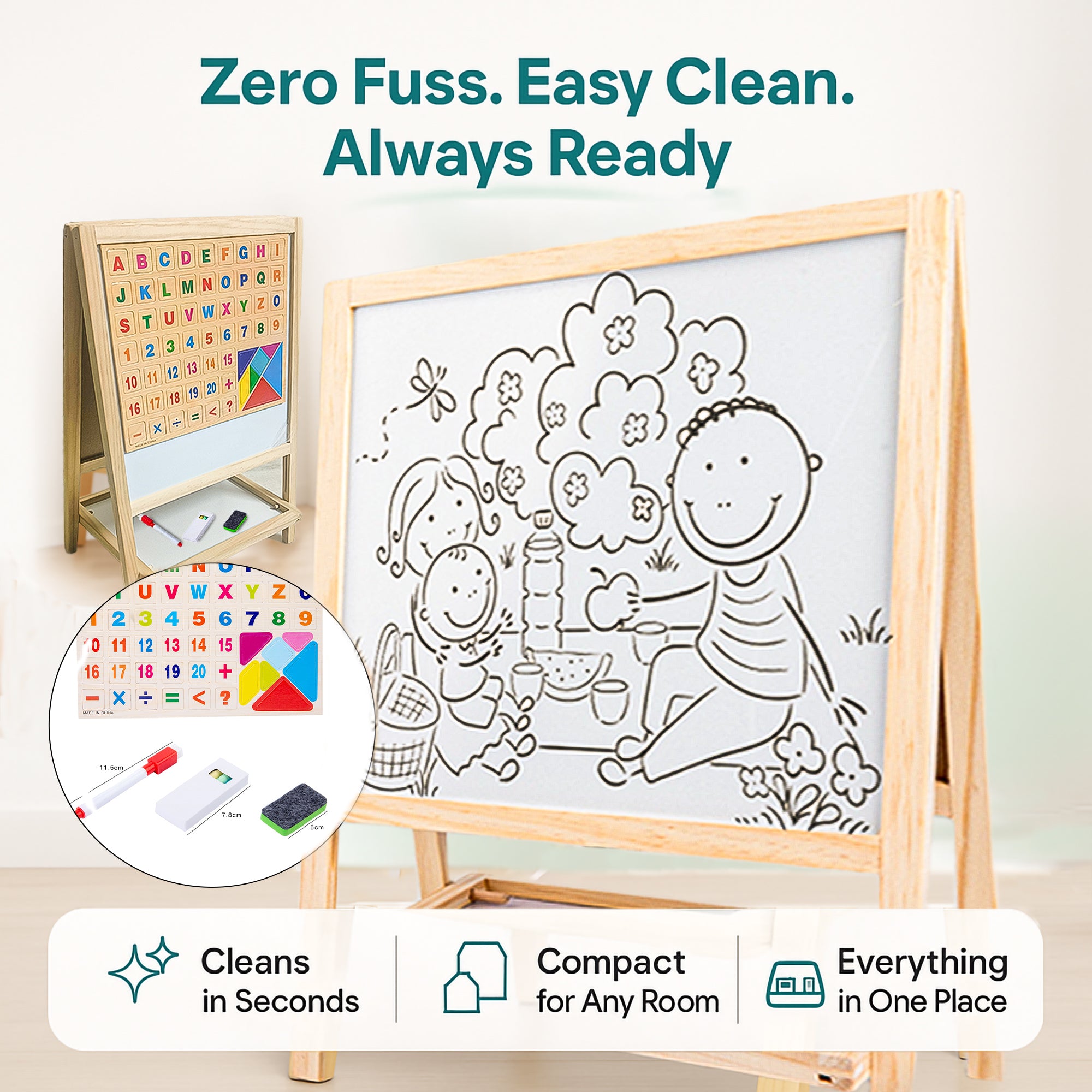 Duotronix 2 in 1 Wooden Easel Standing Writing Board for Kids, Double Sided Whiteboard, Dust Free Chalkboard | Educational Toy (with Marker,Duster,Magnetic Alphabets)